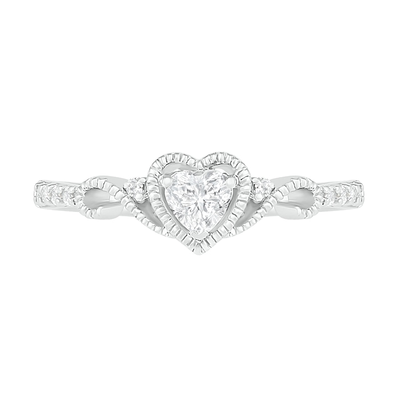 Main Image 3 of 4.0mm Heart-Shaped Lab-Created White Sapphire Bead Frame Scrollwork Tapered Shank Vintage-Style Ring in Sterling Silver