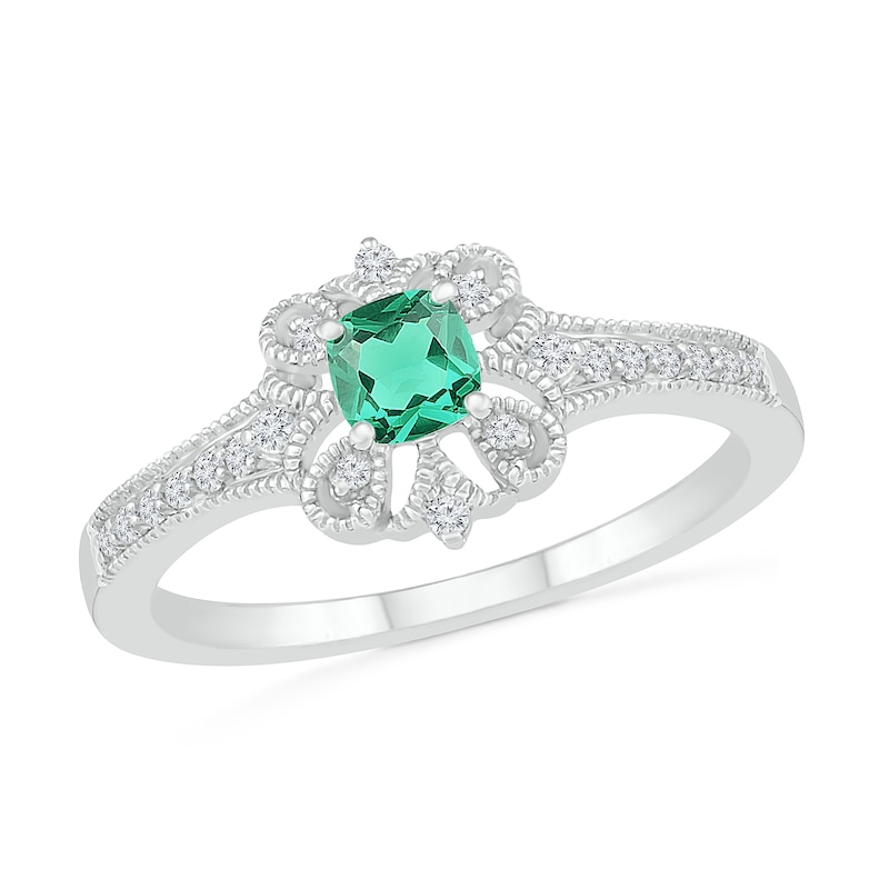 4.0mm Cushion-Cut Lab-Created Emerald and White Sapphire Clover Frame Vintage-Style Ring in Sterling Silver