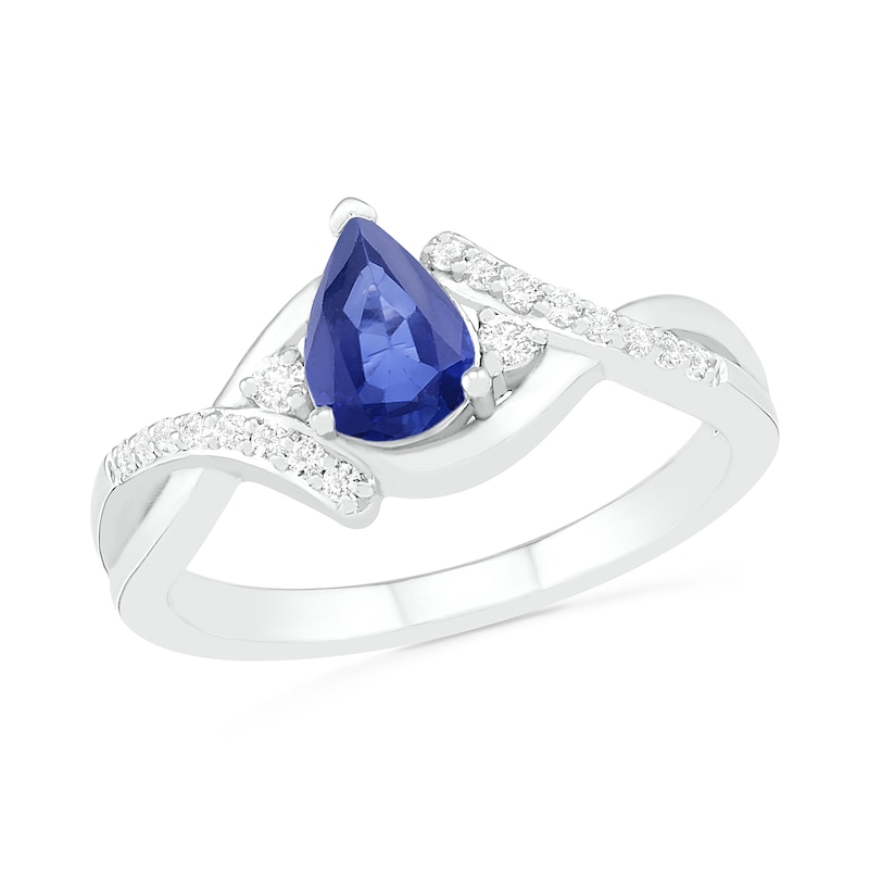 Pear-Shaped Lab-Created Blue and White Sapphire Bypass Crossover Shank Ring in Sterling Silver