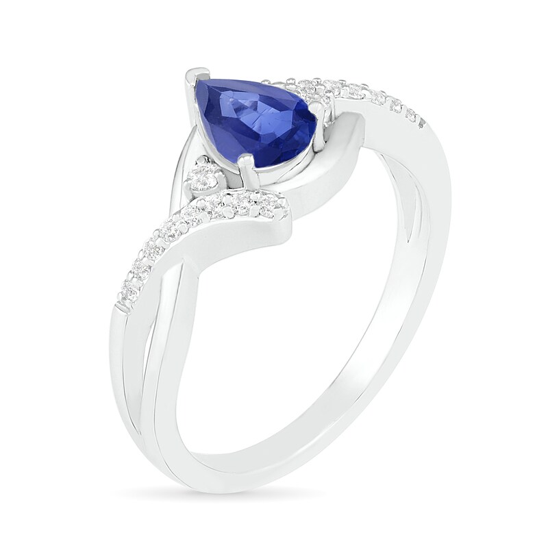 Main Image 2 of Pear-Shaped Lab-Created Blue and White Sapphire Bypass Crossover Shank Ring in Sterling Silver