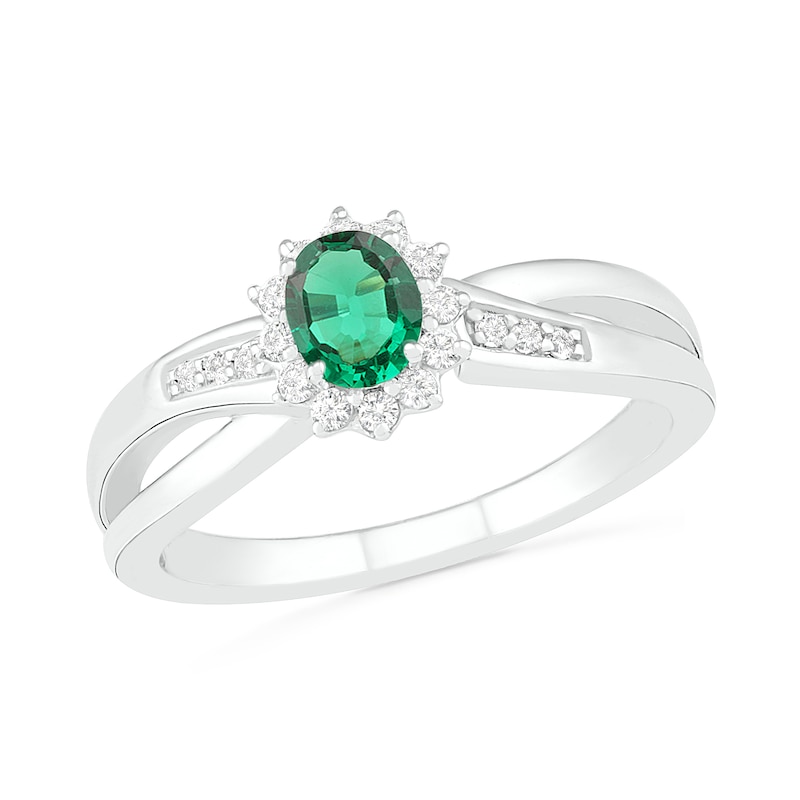 Oval Lab-Created Emerald and White Sapphire Starburst Frame Crossover Split Shank Ring in Sterling Silver|Peoples Jewellers