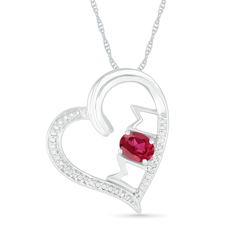 Oval Lab-Created Ruby and Diamond Accent "MOM" Tilted Heart Pendant in Sterling Silver|Peoples Jewellers