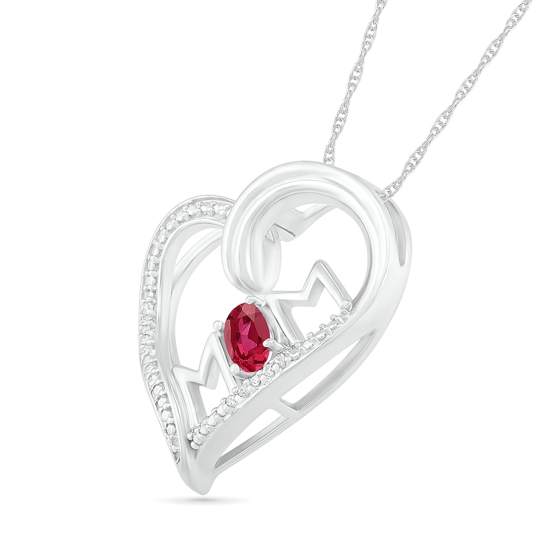 Oval Lab-Created Ruby and Diamond Accent "MOM" Tilted Heart Pendant in Sterling Silver