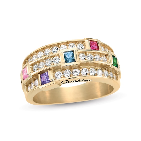 Mother's Princess-Cut Birthstone Triple Row Engravable Ring by