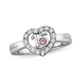 Birthstone and Cubic Zirconia Heart Frame Engravable Quinceañera Ring by ArtCarved (1 Stone and 2 Lines)
