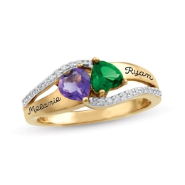 Couple's Heart-Shaped Birthstone and Cubic Zirconia Engravable Bypass Ring by ArtCarved (2 Stones and Lines)