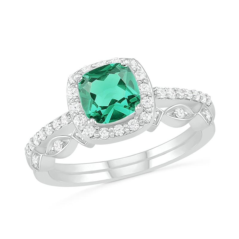 6.0mm Cushion-Cut Lab-Created Emerald and 0.23 CT. T.W. Diamond Frame Art Deco Bridal Set in 10K White Gold