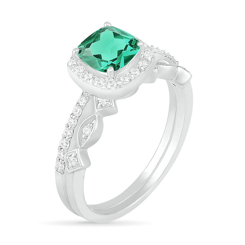 Main Image 2 of 6.0mm Cushion-Cut Lab-Created Emerald and 0.23 CT. T.W. Diamond Frame Art Deco Bridal Set in 10K White Gold