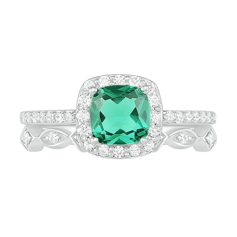 Main Image 3 of 6.0mm Cushion-Cut Lab-Created Emerald and 0.23 CT. T.W. Diamond Frame Art Deco Bridal Set in 10K White Gold