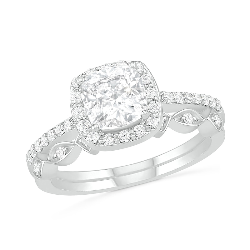 Main Image 1 of 6.0mm Cushion-Cut Lab-Created White Sapphire and 0.23 CT. T.W. Diamond Frame Art Deco Bridal Set in 10K White Gold