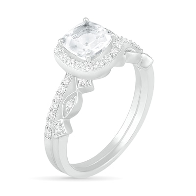 6.0mm Cushion-Cut Lab-Created White Sapphire and 0.23 CT. T.W. Diamond Frame Art Deco Bridal Set in 10K White Gold