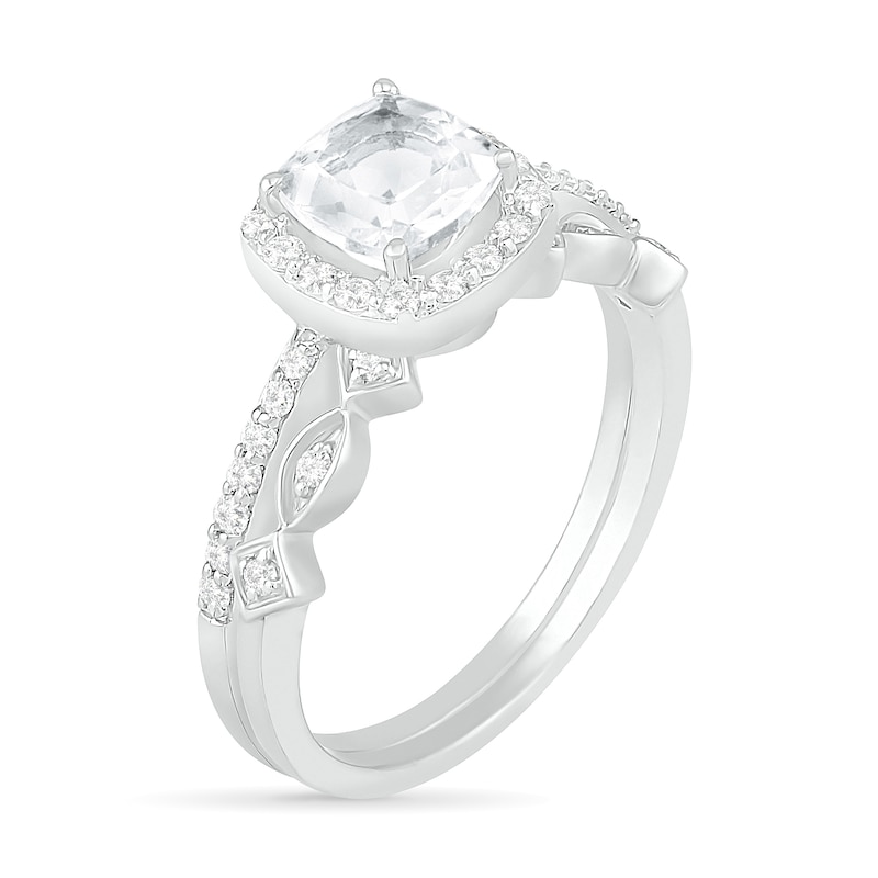 Main Image 2 of 6.0mm Cushion-Cut Lab-Created White Sapphire and 0.23 CT. T.W. Diamond Frame Art Deco Bridal Set in 10K White Gold