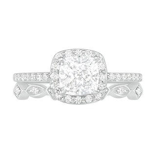 6.0mm Cushion-Cut Lab-Created White Sapphire and 0.23 CT. T.W. Diamond Frame Art Deco Bridal Set in 10K White Gold
