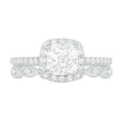 6.0mm Cushion-Cut Lab-Created White Sapphire and 0.23 CT. T.W. Diamond Frame Art Deco Bridal Set in 10K White Gold