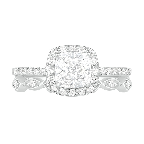 6.0mm Cushion-Cut Lab-Created White Sapphire and 0.23 CT. T.W. Diamond Frame Art Deco Bridal Set in 10K White Gold
