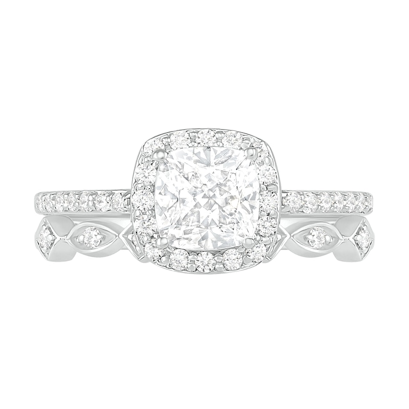 Main Image 3 of 6.0mm Cushion-Cut Lab-Created White Sapphire and 0.23 CT. T.W. Diamond Frame Art Deco Bridal Set in 10K White Gold