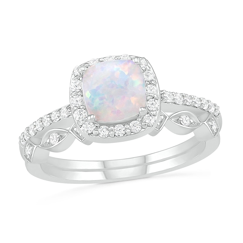 6.0mm Cushion-Cut Lab-Created Opal and 0.23 CT. T.W. Diamond Frame Art Deco Bridal Set in 10K White Gold