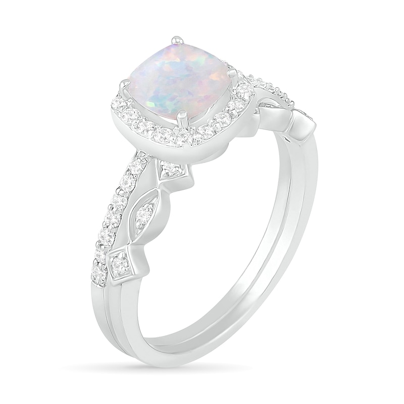 Main Image 2 of 6.0mm Cushion-Shaped Lab-Created Opal and 0.23 CT. T.W. Diamond Frame Art Deco Bridal Set in 10K White Gold