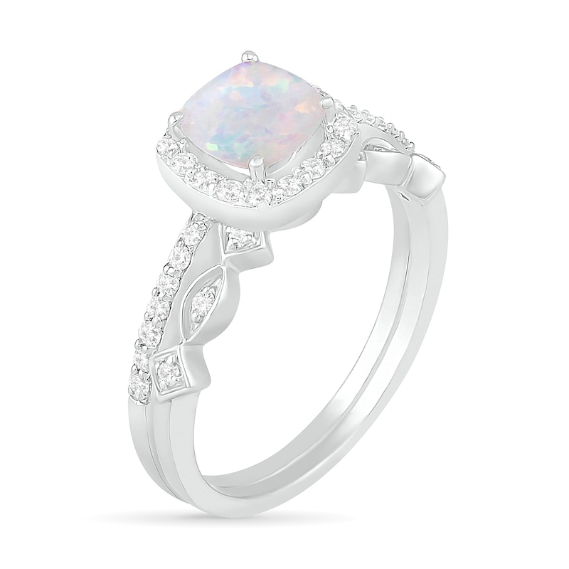 6.0mm Cushion-Cut Lab-Created Opal and 0.23 CT. T.W. Diamond Frame Art Deco Bridal Set in 10K White Gold