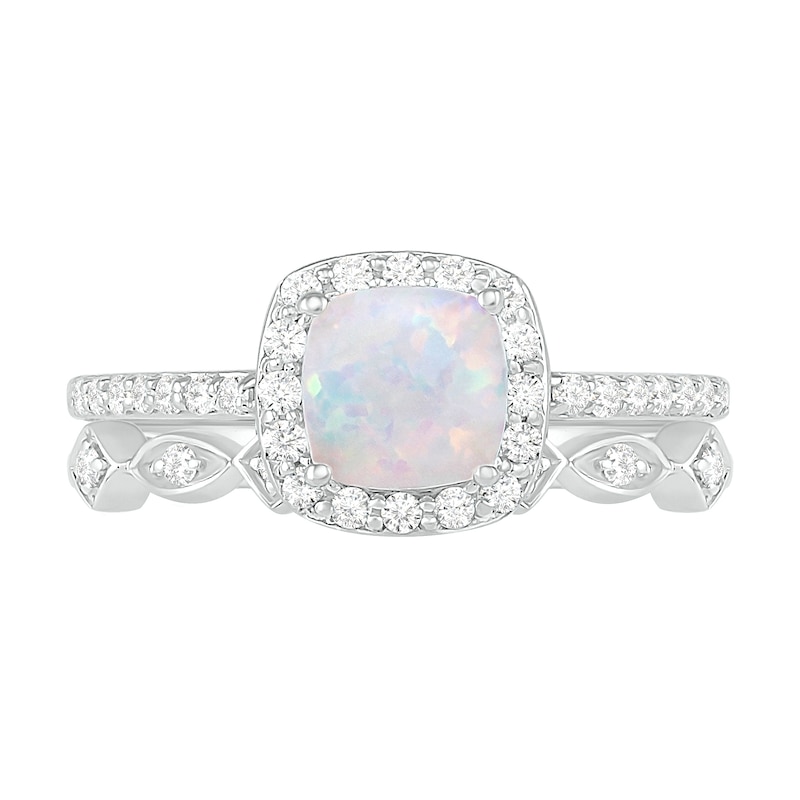 Main Image 3 of 6.0mm Cushion-Shaped Lab-Created Opal and 0.23 CT. T.W. Diamond Frame Art Deco Bridal Set in 10K White Gold