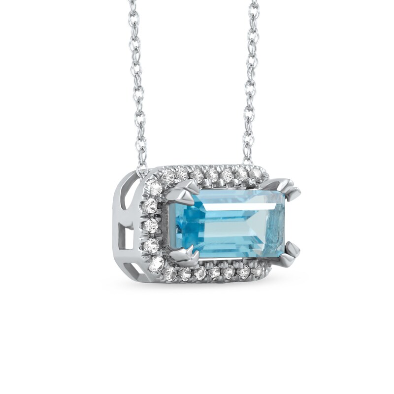 Main Image 2 of Sideways Emerald-Cut Swiss Blue Topaz and White Lab-Created Sapphire Octagonal Frame Necklace in Sterling Silver