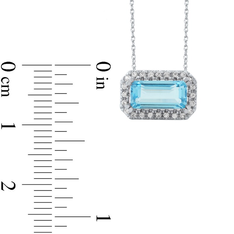 Main Image 4 of Sideways Emerald-Cut Swiss Blue Topaz and White Lab-Created Sapphire Octagonal Frame Necklace in Sterling Silver