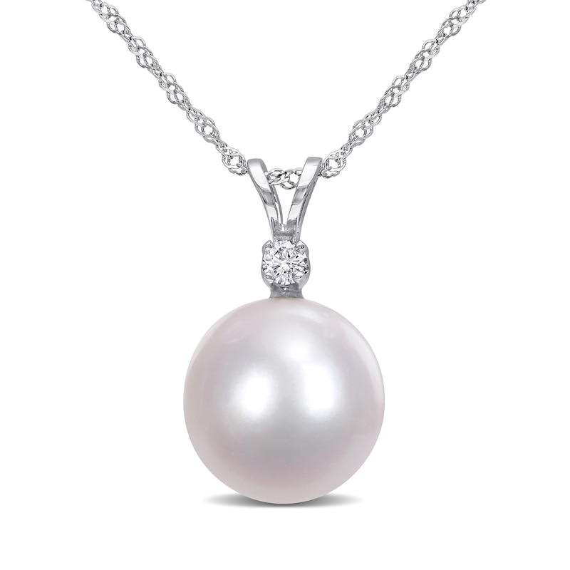 9.0-10.0mm Cultured South Sea Pearl and 0.05 CT. T.W. Diamond Pendant in 14K White Gold - 17"|Peoples Jewellers