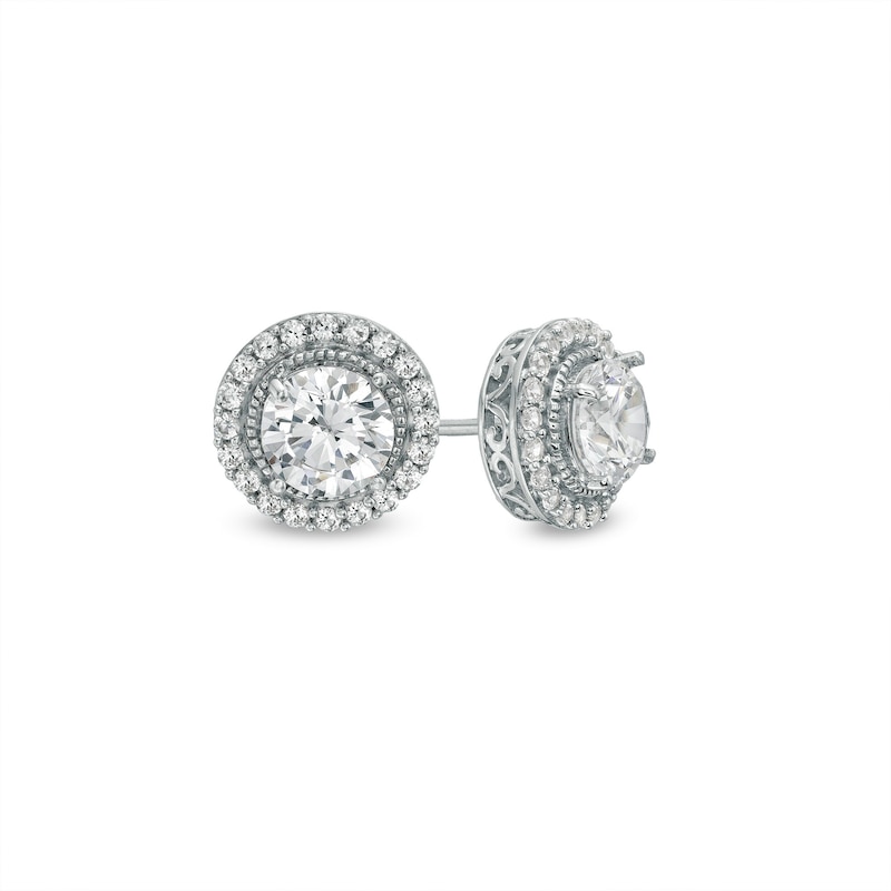 White Lab-Created Sapphire Frame Vintage-Style Stud Earrings in Sterling Silver|Peoples Jewellers