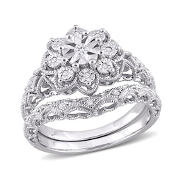 0.10 CT. T.W. Diamond Flower Frame Vintage-Style Bridal Set in Sterling Silver