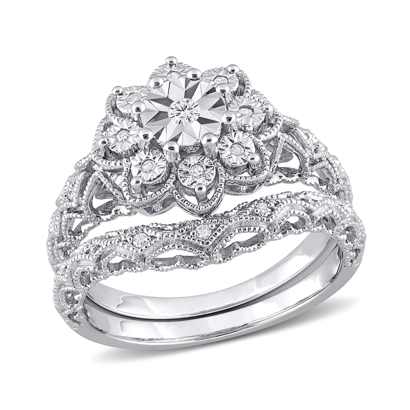 Main Image 1 of 0.10 CT. T.W. Diamond Flower Frame Vintage-Style Bridal Set in Sterling Silver