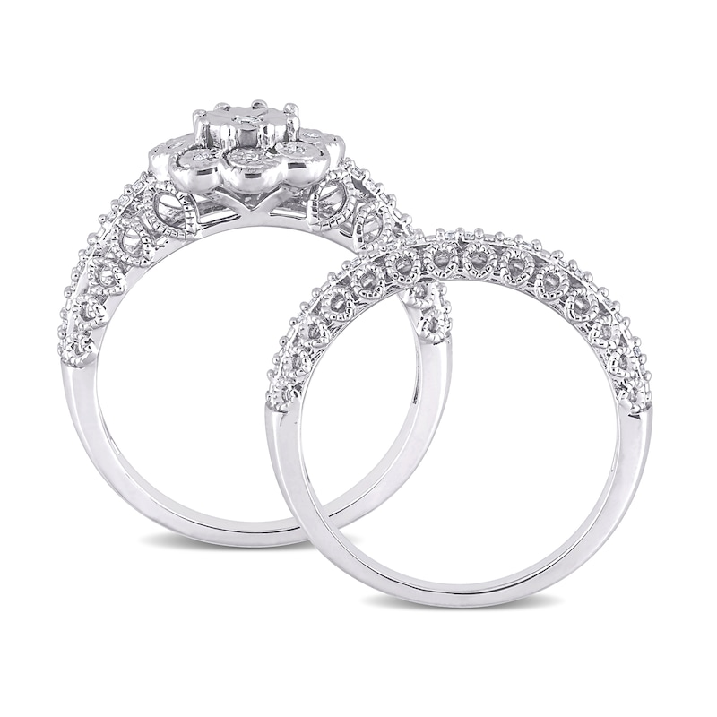 Main Image 4 of 0.16 CT. T.W. Diamond Flower Frame Vintage-Style Bridal Set in Sterling Silver