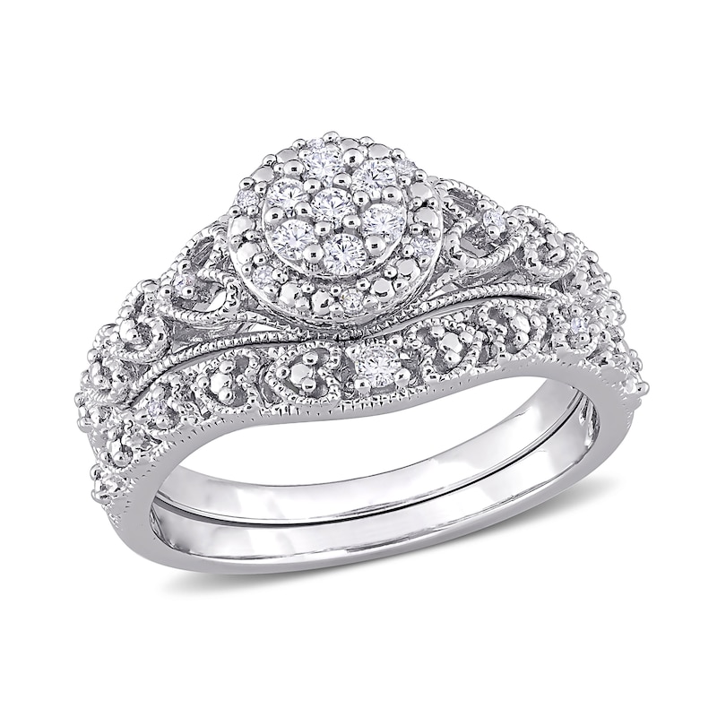 0.20 CT. T.W. Composite Diamond Frame Vintage-Style Bridal Set in Sterling Silver