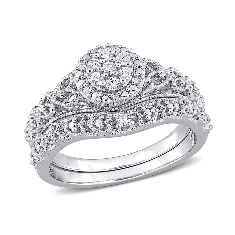 Main Image 1 of 0.20 CT. T.W. Composite Diamond Frame Vintage-Style Bridal Set in Sterling Silver