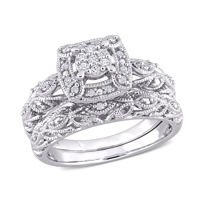 0.19 CT. T.W. Composite Diamond Cushion Frame Vintage-Style Bridal Set in Sterling Silver