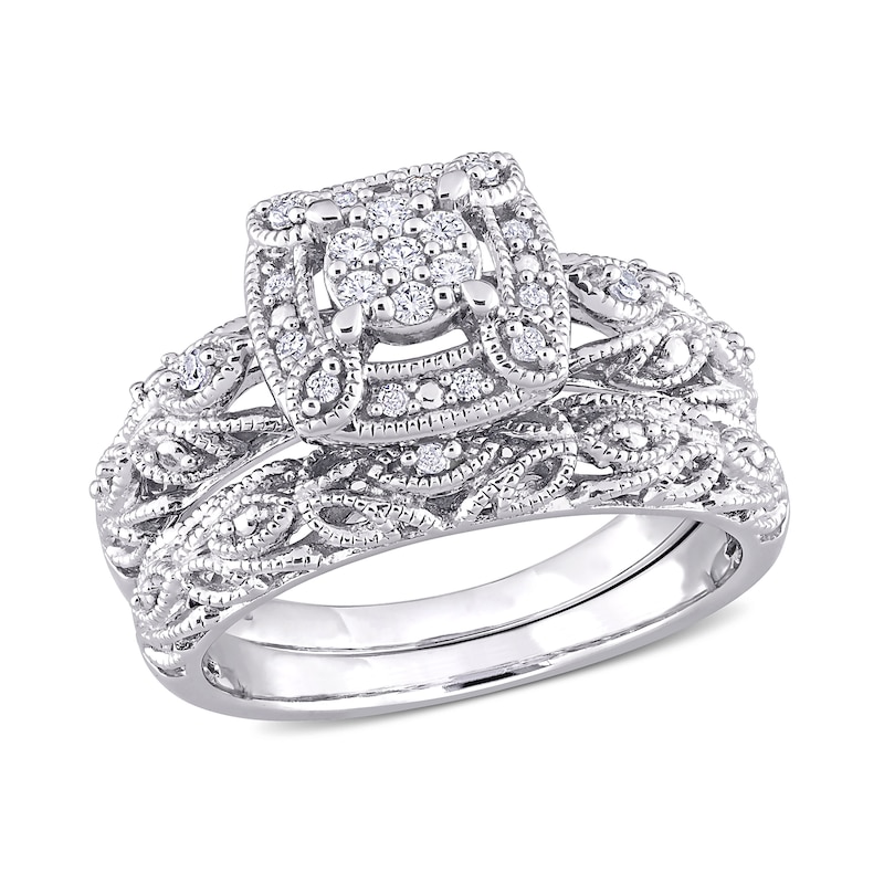 Main Image 1 of 0.19 CT. T.W. Composite Diamond Cushion Frame Vintage-Style Bridal Set in Sterling Silver