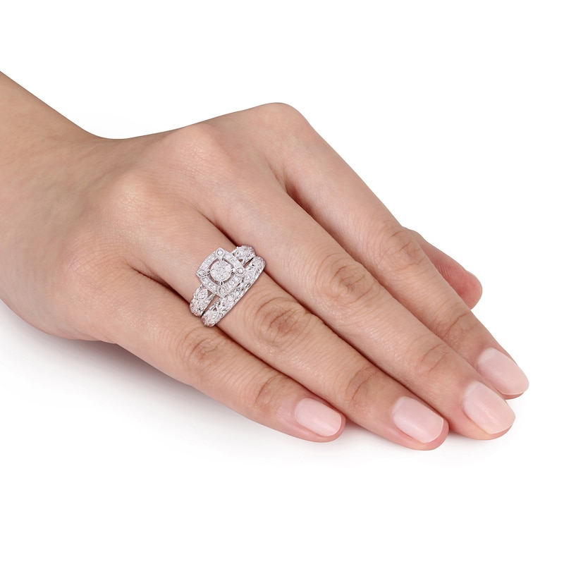Main Image 2 of 0.19 CT. T.W. Composite Diamond Cushion Frame Vintage-Style Bridal Set in Sterling Silver