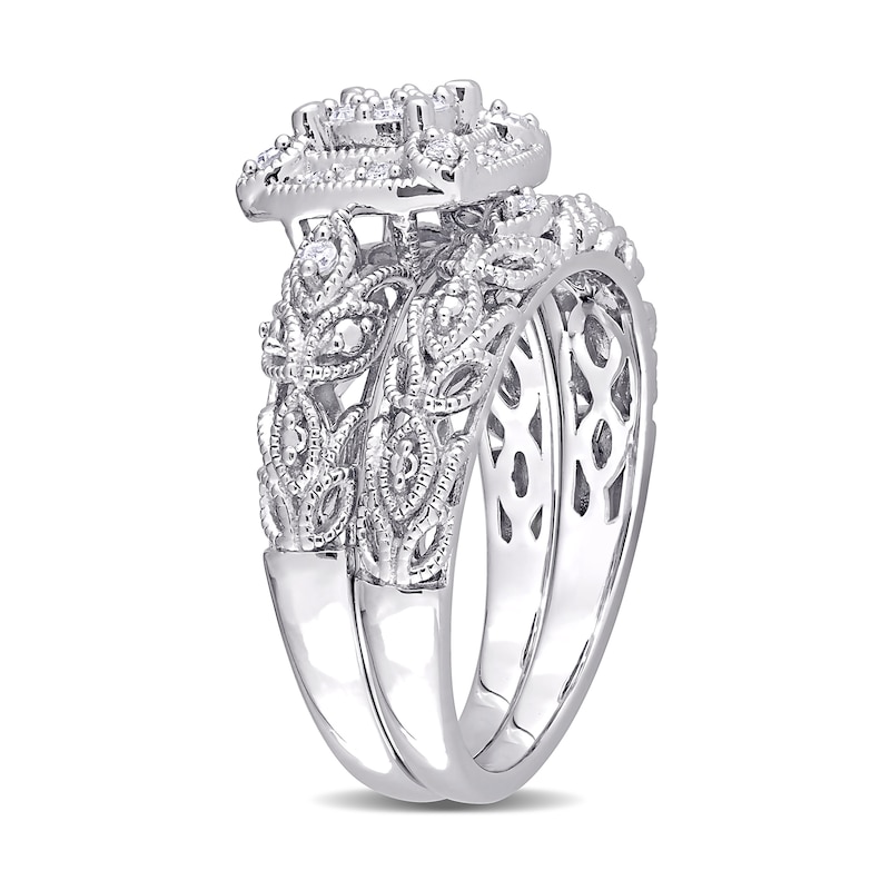 Main Image 3 of 0.19 CT. T.W. Composite Diamond Cushion Frame Vintage-Style Bridal Set in Sterling Silver