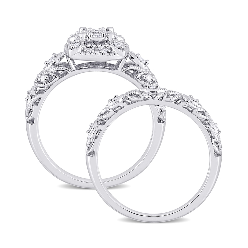 0.19 CT. T.W. Composite Diamond Cushion Frame Vintage-Style Bridal Set in Sterling Silver