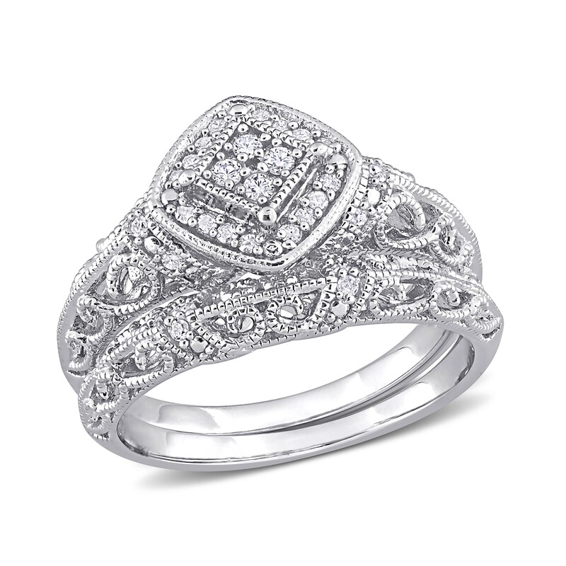 Main Image 1 of 0.19 CT. T.W. Diamond Tilted Cushion Frame Vintage-Style Bridal Set in Sterling Silver