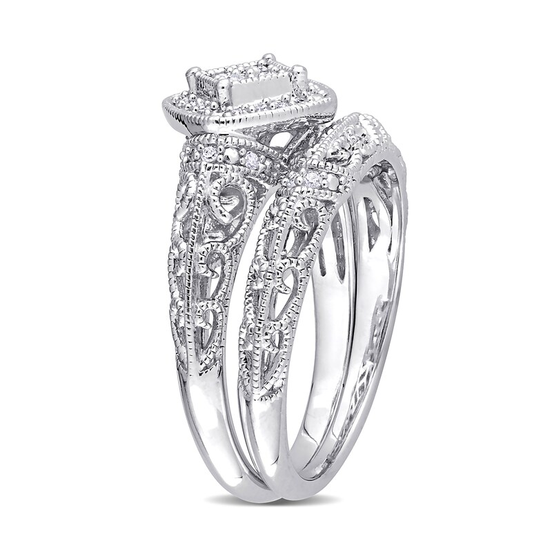 Main Image 3 of 0.19 CT. T.W. Diamond Tilted Cushion Frame Vintage-Style Bridal Set in Sterling Silver