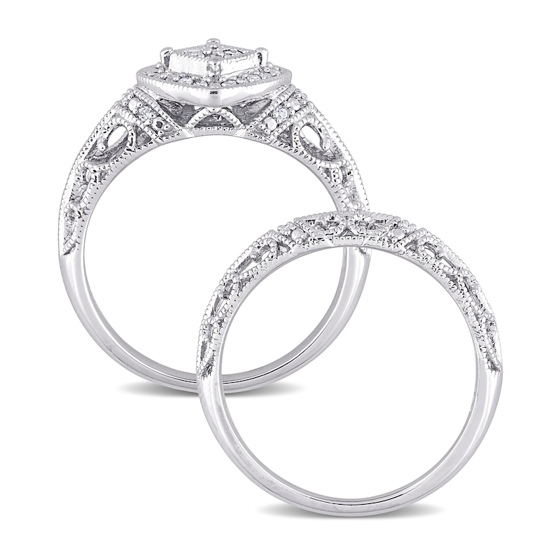 Main Image 4 of 0.19 CT. T.W. Diamond Tilted Cushion Frame Vintage-Style Bridal Set in Sterling Silver