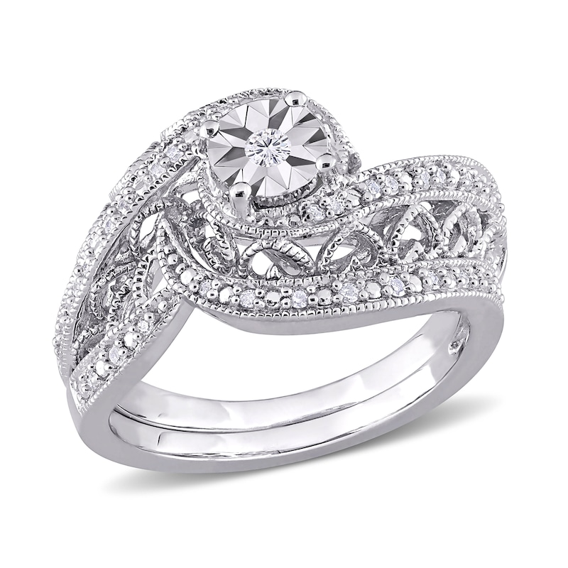 Main Image 1 of 0.19 CT. T.W. Diamond Bypass Frame Vintage-Style Bridal Set in Sterling Silver