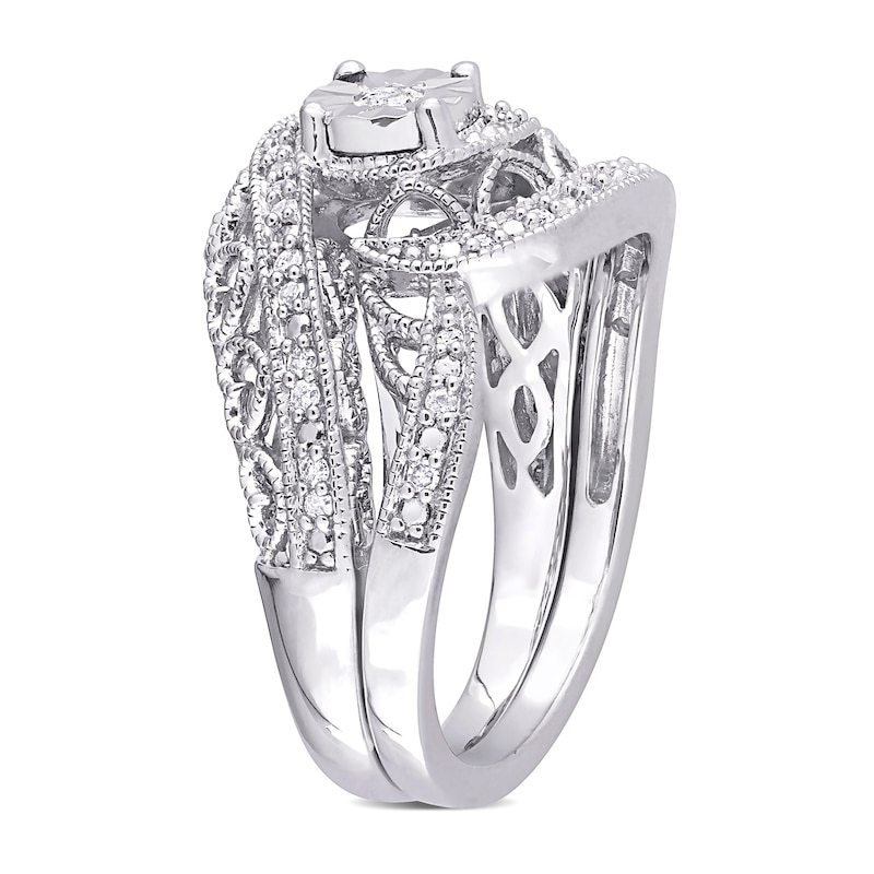 Main Image 3 of 0.19 CT. T.W. Diamond Bypass Frame Vintage-Style Bridal Set in Sterling Silver