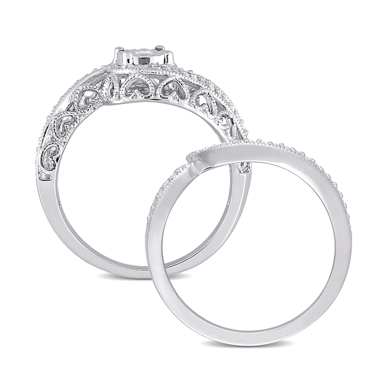 Main Image 4 of 0.19 CT. T.W. Diamond Bypass Frame Vintage-Style Bridal Set in Sterling Silver
