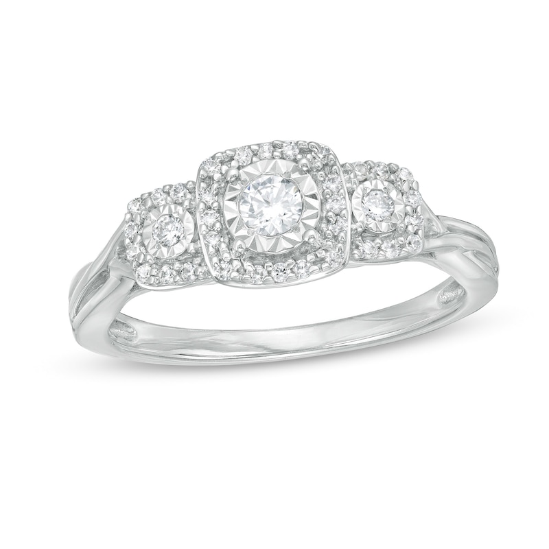 0.25 CT. T.W. Diamond Past Present Future® Cushion Frame Split Shank Engagement Ring in 10K White Gold