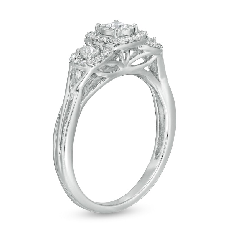 Main Image 3 of 0.25 CT. T.W. Diamond Past Present Future® Cushion Frame Split Shank Engagement Ring in 10K White Gold