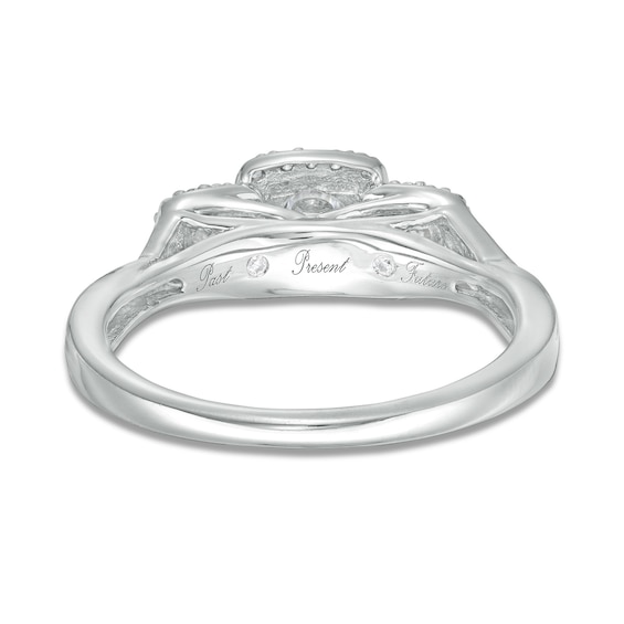 0.25 CT. T.W. Diamond Past Present Future® Cushion Frame Split Shank Engagement Ring in 10K White Gold