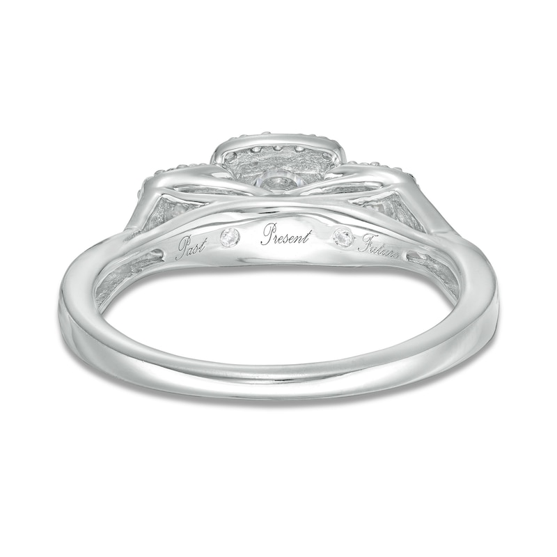 Main Image 4 of 0.25 CT. T.W. Diamond Past Present Future® Cushion Frame Split Shank Engagement Ring in 10K White Gold