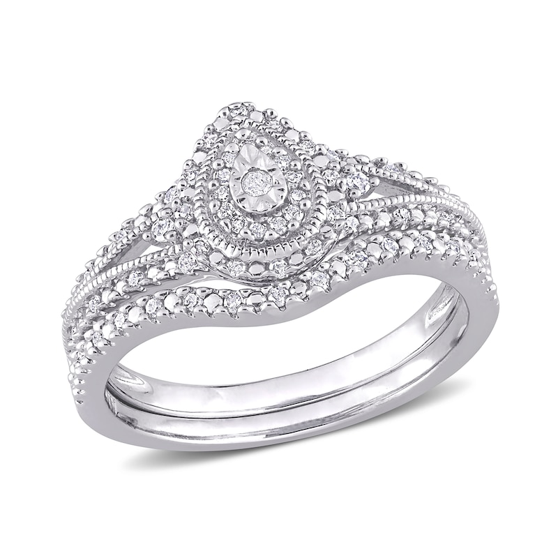 Main Image 1 of 0.23 CT. T.W. Composite Pear Diamond Frame Vintage-Style Bridal Set in Sterling Silver