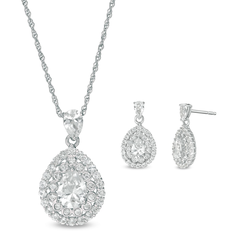 Main Image 1 of Pear-Shaped and Round Lab-Created White Sapphire Double Frame Drop Pendant and Drop Earrings Set in Sterling Silver